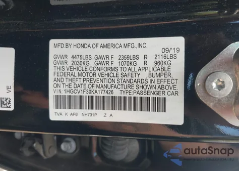 2019 Honda Accord Sport из США, поврежденный, VIN 1HGCV1F30KA177426